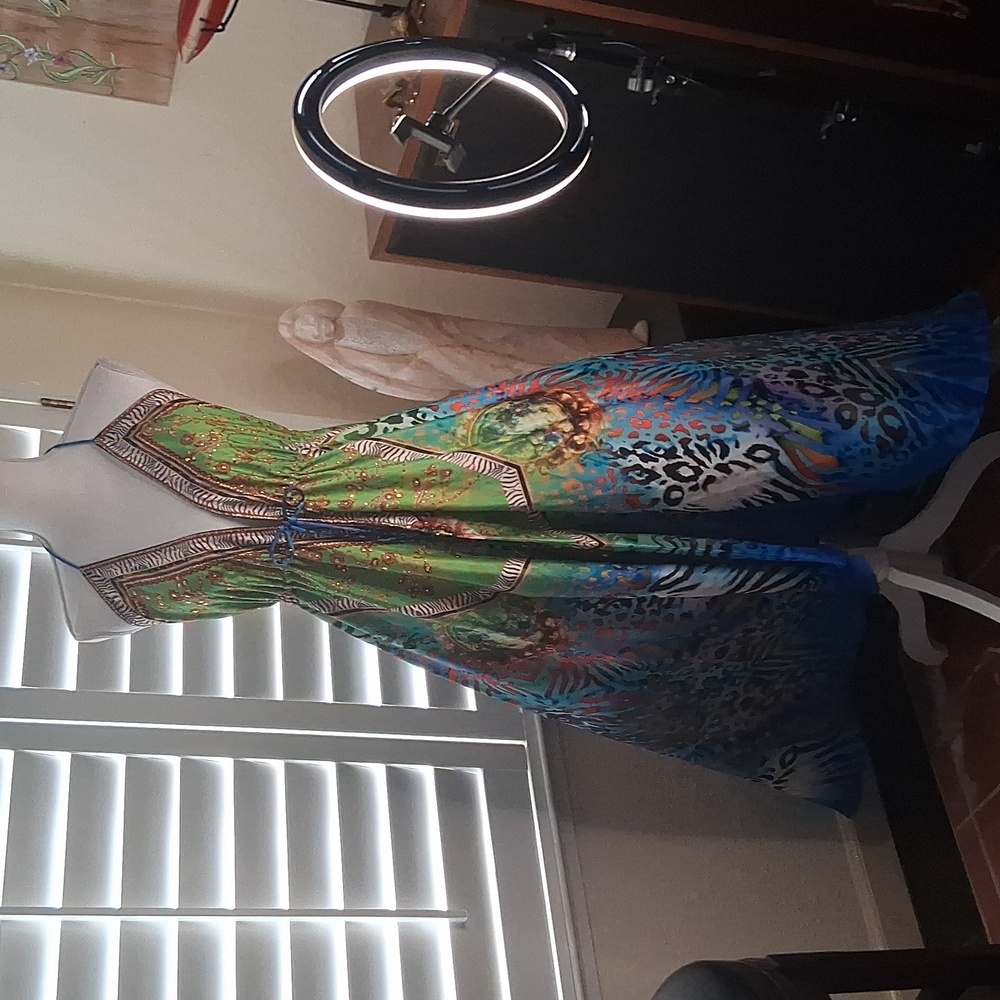 💚💙Manish Vaid Multi Color Animal Green/Blue & Gold Foil Print Halter Dress OS